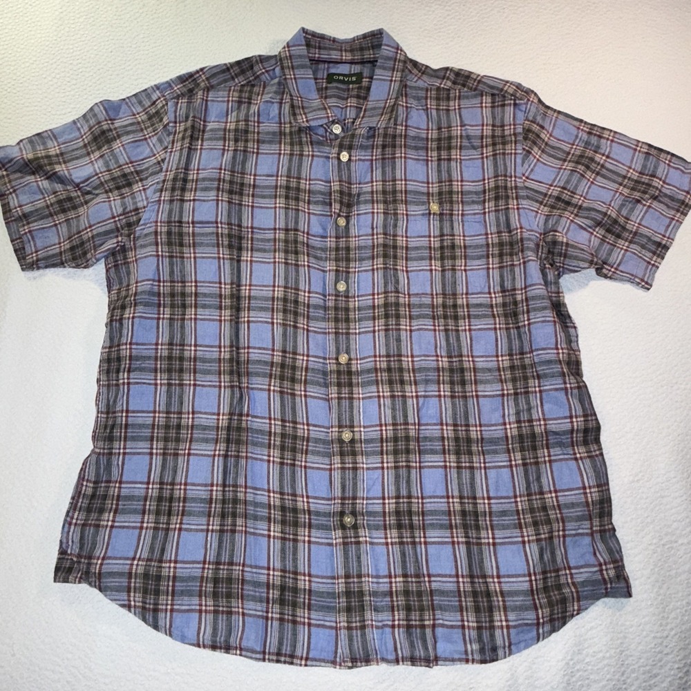 Orvis Mens XL Plaid 100% Linen Button Down Shirt Short Sleeve Blue Casual Top